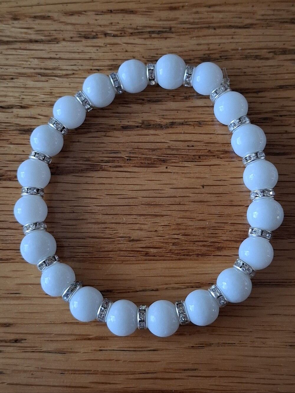 PLUS SIZE White Beaded Stretch Bracelet with Crystal Accents